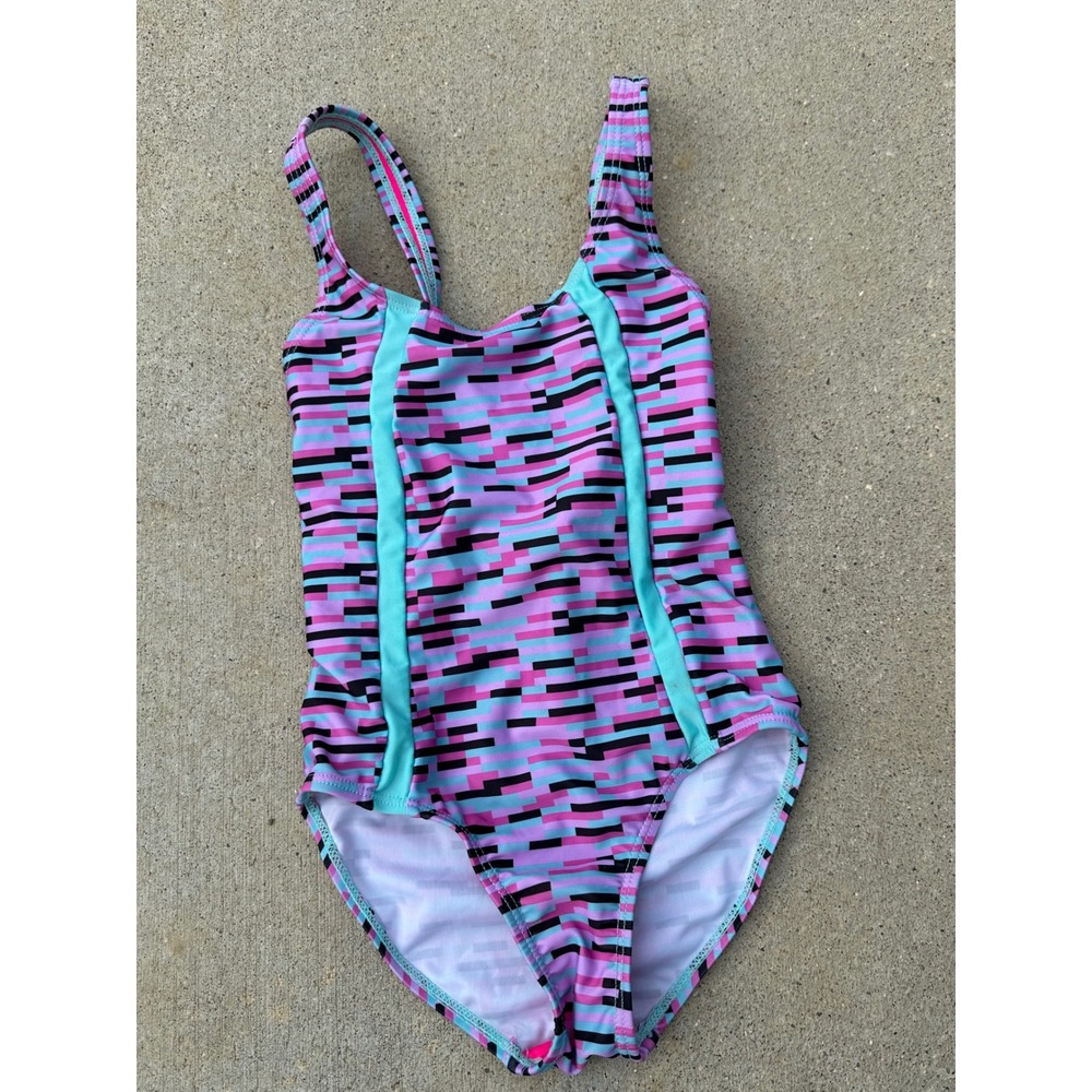 Joe Boxer Girls One Piece Swimsuit Pink Blue Geometric Glitch Print Size 6‎ 6X